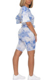 Dark Blue Fashion Sexy adult Patchwork Print Tie Dye Two Piece Suits Straight Short Sleeve Two Pieces