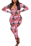 Pink Fashion Adult Living Print Letter V Neck Skinny Jumpsuits