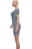 Green Casual Red Green Short Sleeves O neck Step Skirt Mini Striped Print Dresses