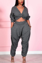 Grey Street Solid V Neck Long Sleeve Two Pieces