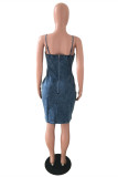 Deep Blue Fashion Sexy Solid Backless Spaghetti Strap Denim Dress