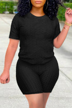 Black Casual Solid Patchwork O Neck Short Sleeve Two Pieces