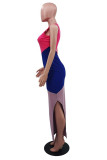 Multicolor Fashion Casual Patchwork Slit O Neck Long Dress