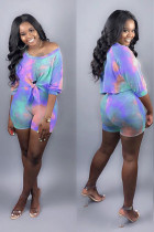 Blue Casual Fashion Two Piece Suits asymmetrical Tie Dye crop top Regular