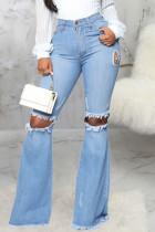 Dark Blue Sexy Solid Ripped Mid Waist Regular Denim