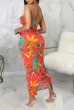 Red Sexy Print Hollowed Out Strapless Pencil Skirt Dresses