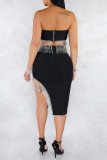Black Sexy Solid Tassel Strapless Sleeveless Two Pieces