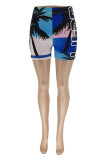 Blue Fashion Casual Print Basic Regular High Waist Shorts