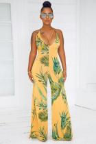 Yellow Fashion Backless bandage Sleeveless V Neck Jumpsuits