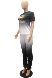 Orange Casual Patchwork Print Gradient Lips Print pencil Short Sleeve Two Pieces