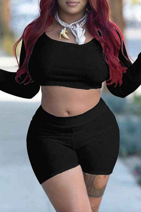 Black Fashion Casual Basic O Neck Long Sleeve Two Pieces