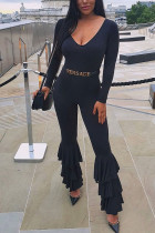 Black Casual Ruffled Solid Chemical fiber blend Long Sleeve V Neck Jumpsuits
