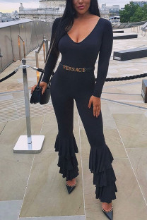 Black Casual Ruffled Solid Chemical fiber blend Long Sleeve V Neck Jumpsuits