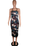 Camouflage Fashion Sexy Leopard print Camouflage serpentine Spaghetti Strap Sleeveless Slip Step Skirt Mid-Calf Print Dresses