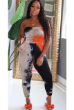 Orange Casual Tie-dyed Milk. Sleeveless Wrapped 
