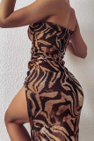 Khaki Sexy Animal Print Patchwork Spaghetti Strap Printed Dress Dresses