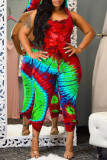 Red Sexy Casual Print Tie-dye Backless Hooded Collar Regular Jumpsuits