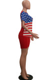 Red Fashion Sexy Striped Print Two Piece Suits Straight Short Sleeve Two Pieces