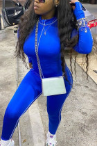 Blue Fashion Casual Adult Solid Patchwork O Neck Skinny Jumpsuits