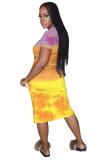 Blue Fashion Casual adult White Blue Green Pink Yellow Multi-color multicolor Cap Sleeve Short Sleeves O neck A-Line Mid-Calf Print Patchwork Ombre bandage Dresses