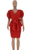 Black adult Fashion Sexy asymmetrical Solid Bandage Patchwork pencil Short Sleeve Two-Piece Dre
