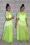 Green Casual Fashion Cap Sleeve Half Sleeves O neck Straight Ankle-Length Solid asymmetrical Mes