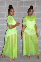 Green Casual Fashion Cap Sleeve Half Sleeves O neck Straight Ankle-Length Solid asymmetrical Mes
