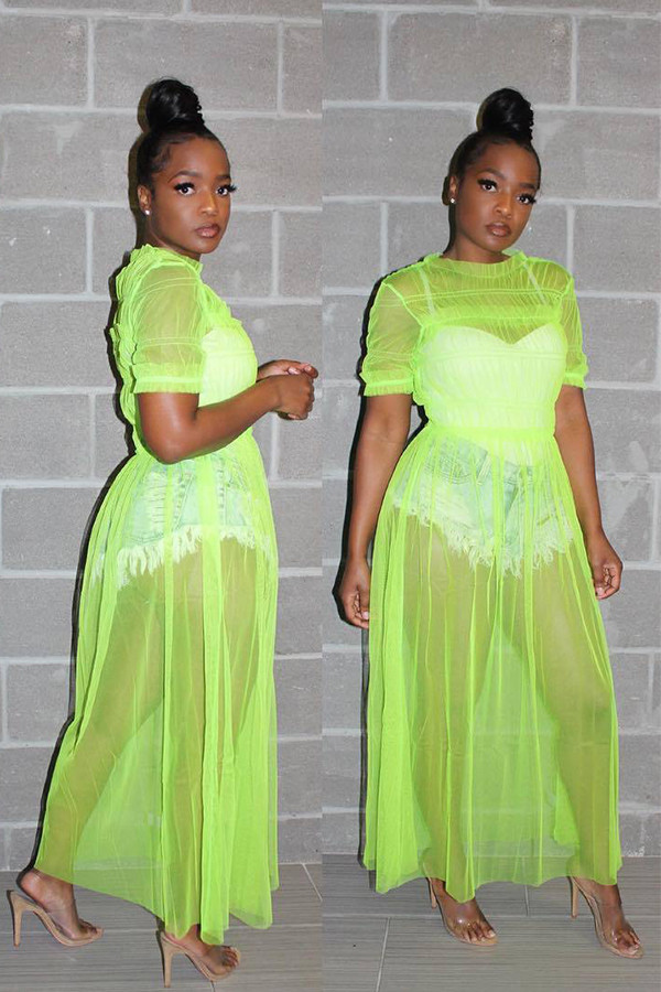 Green Casual Fashion Cap Sleeve Half Sleeves O neck Straight Ankle-Length Solid asymmetrical Mes