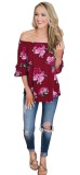 Red Fashion Butterfly Sleeve Slash neck Three Quarter Ruffles Backless Print Regular Tees & T-shirts