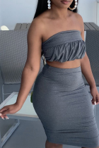 Dark Gray Sexy Solid Patchwork Strapless Sleeveless Two Pieces
