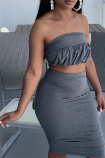 Dark Gray Sexy Solid Patchwork Strapless Sleeveless Two Pieces