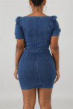 Light Blue Fashion Casual Solid Basic Square Collar Short Sleeve Dress
