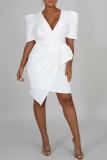 Red Casual Solid Patchwork V Neck Irregular Dress Dresses