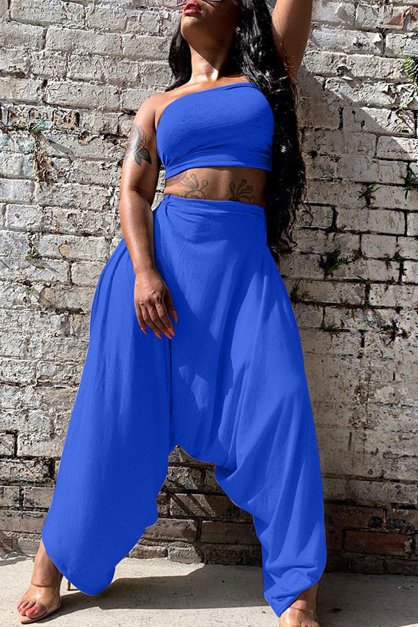 Blue Fashion Sexy adult Ma'am Solid Two Piece Suits Harlan pants Sleeveless Two Pieces
