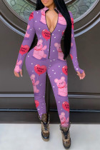Purple Fashion Living Print Basic Zipper Collar Skinny Jumpsuits