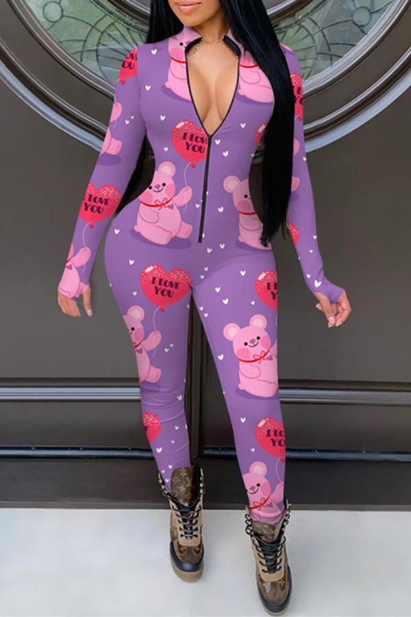Purple Fashion Living Print Basic Zipper Collar Skinny Jumpsuits