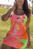 Colour Fashion Sexy Casual Tie Dye Ripped Tie-dye Party O Neck Wrapped Skirt Dresses