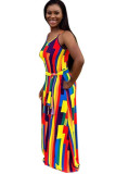 Navy Blue Casual Off The Shoulder Sleeveless Slip Swagger Floor-Length Print Patchwork
