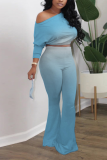 Baby Blue Sexy Gradual Change Patchwork One Shoulder Half Sleeve Two Pieces