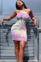 multicolor Sexy Spaghetti Strap Sleeveless Slip Hip skirt skirt Print Club Dresses