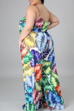 Blue Casual Print Patchwork Spaghetti Strap Plus Size Jumpsuits