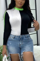 Green Street Solid Patchwork O Neck Tops