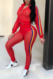 Red Fashion Casual Patchwork See-through Zipper Collar Long Sleeve Two Pieces