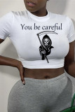 White Fashion Casual Print Basic O Neck T-Shirts