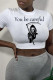 White Fashion Casual Print Basic O Neck T-Shirts
