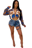 Blue Denim Button Fly Zipper Fly Mid Pocket Zippered washing Straight shorts Shorts