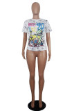 White Blue Yellow purple colour O Neck Short Sleeve Patchwork Print Character Tops