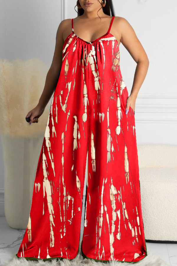 Red Sexy Casual Print Backless Spaghetti Strap Loose Jumpsuits