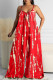 Red Sexy Casual Print Backless Spaghetti Strap Loose Jumpsuits