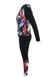 Blue Sexy Print Patchwork Hooded Collar Long Sleeve Two Pieces